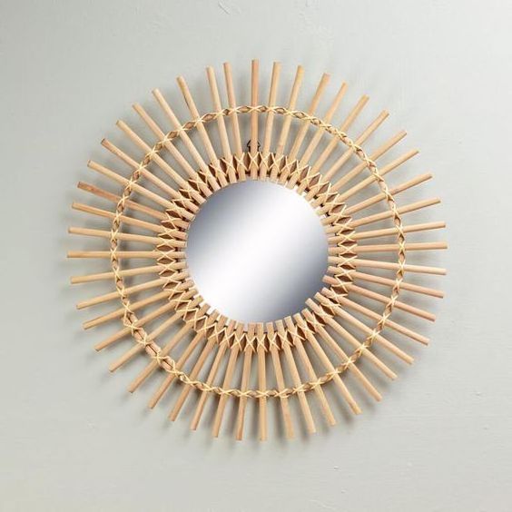 High quality Modern Style Woven Luxury hersche Mirror Wicker Craft Rattan mirror