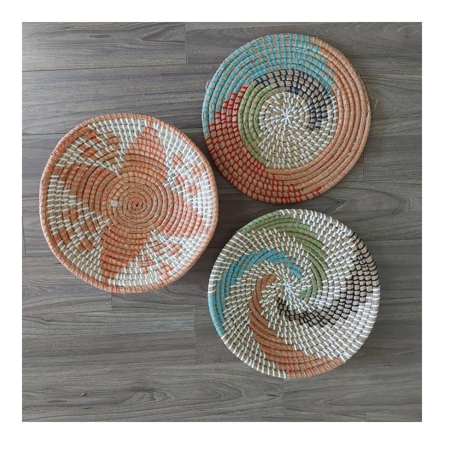 Boho Decor Natural And Black Seagrass Woven Basket Disc Wall Decor African