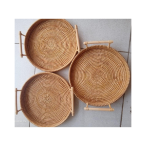 Cheap Price Wicker Tray Basket Tray round rattan serving tray with handles for Bread Fruit Food Coffee Breakfast Display