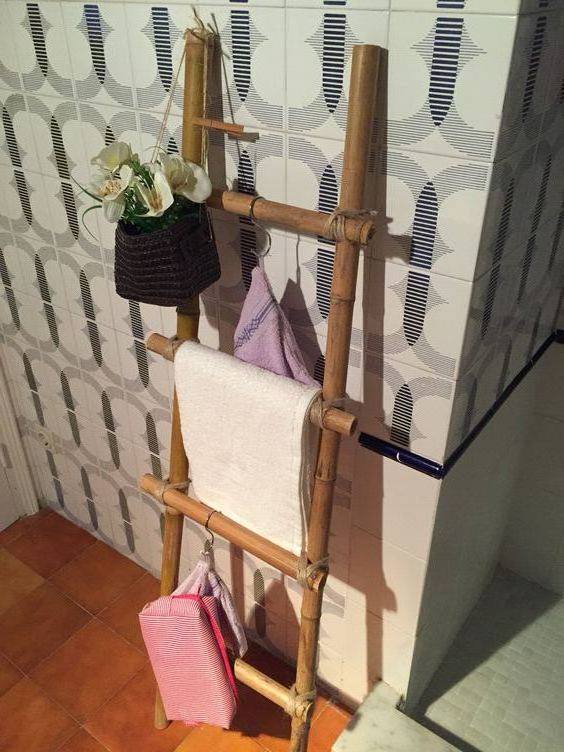 Home corner standing white bathroom stainless steel bamboo ladder towel rack - Bamboo ladder towel rack