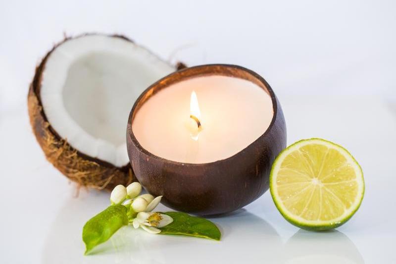 Creative gift eco friendly natural handmade soy wax coconut shell bowl wood wick scented candles in bulk Vietnam 2021