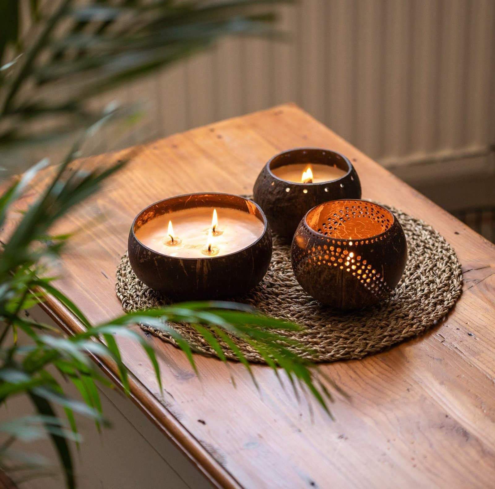 Creative gift eco friendly natural handmade soy wax coconut shell bowl wood wick scented candles in bulk Vietnam 2021