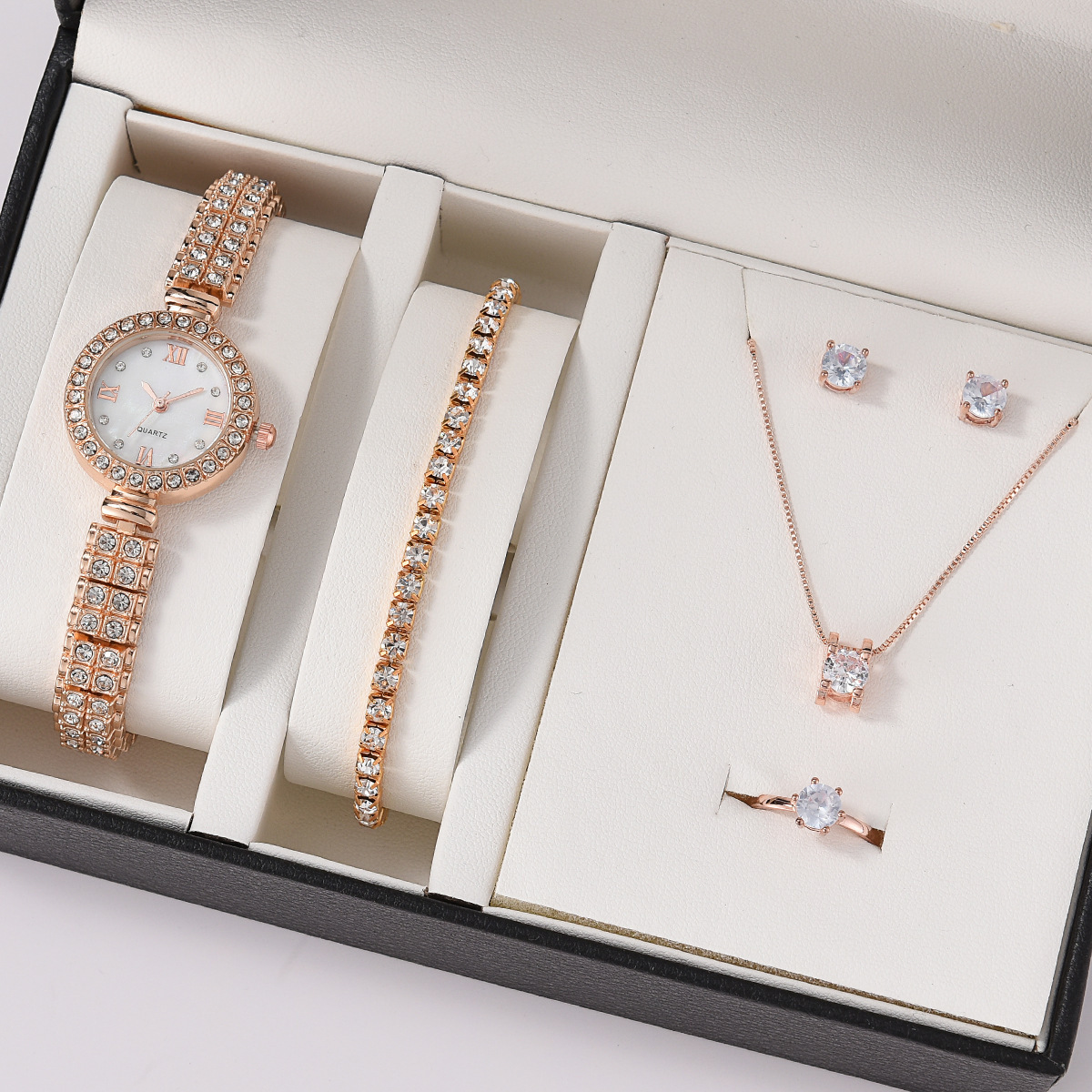 Fashion 5pcs Jewelry Gift Set Rose Gold Ladies Watch Sets Quartz Geneva Diamond Bracelet Stud Earring Necklace Jewelry Set