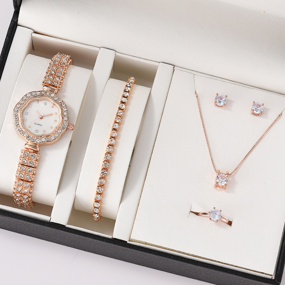 Fashion 5pcs Jewelry Gift Set Rose Gold Ladies Watch Sets Quartz Geneva Diamond Bracelet Stud Earring Necklace Jewelry Set