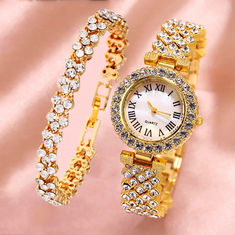 2024 Women luxury watch Set  Ladies Diamond Iced Out Quartz Wrist Watch