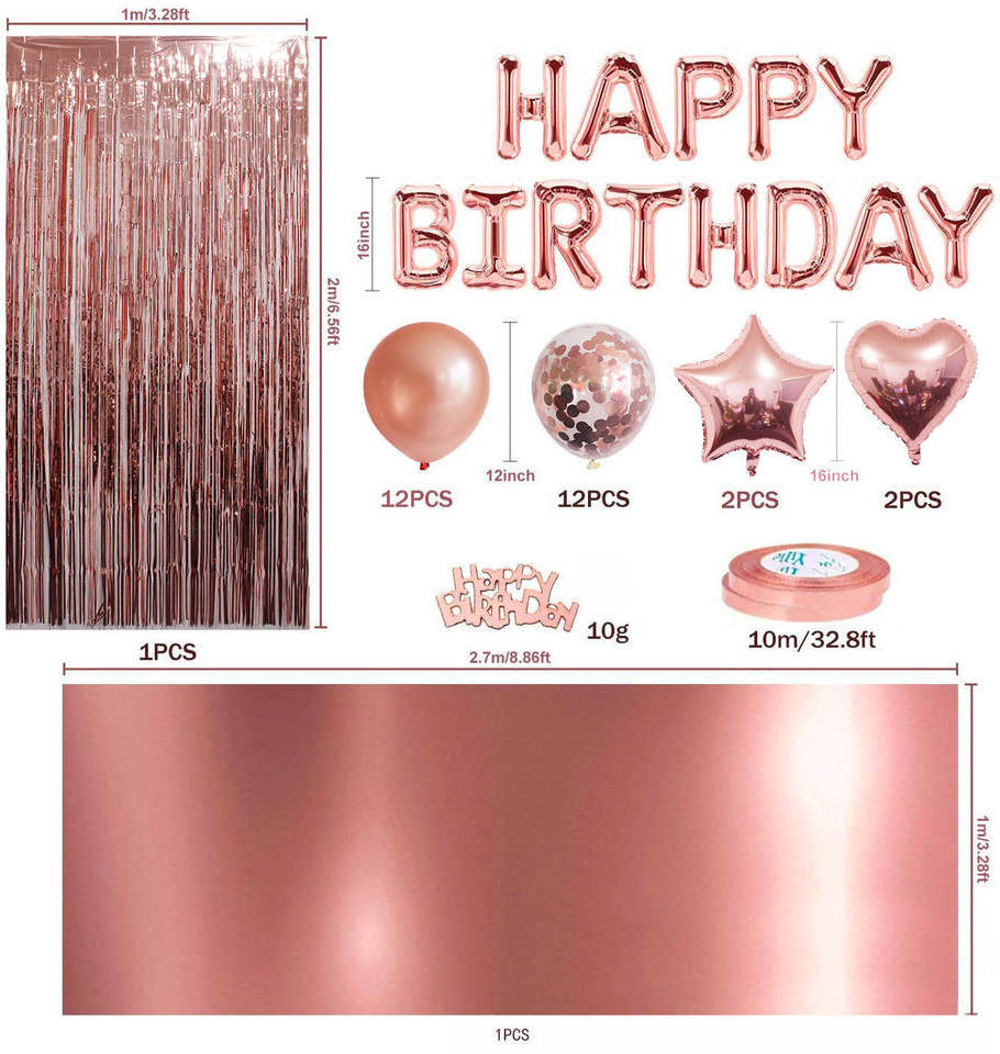 DIY Rose Gold Birthday Party Wall Decoration Happy Birthday Banner Foil Fringe Curtain Latex Confetti Balloons Party supplies