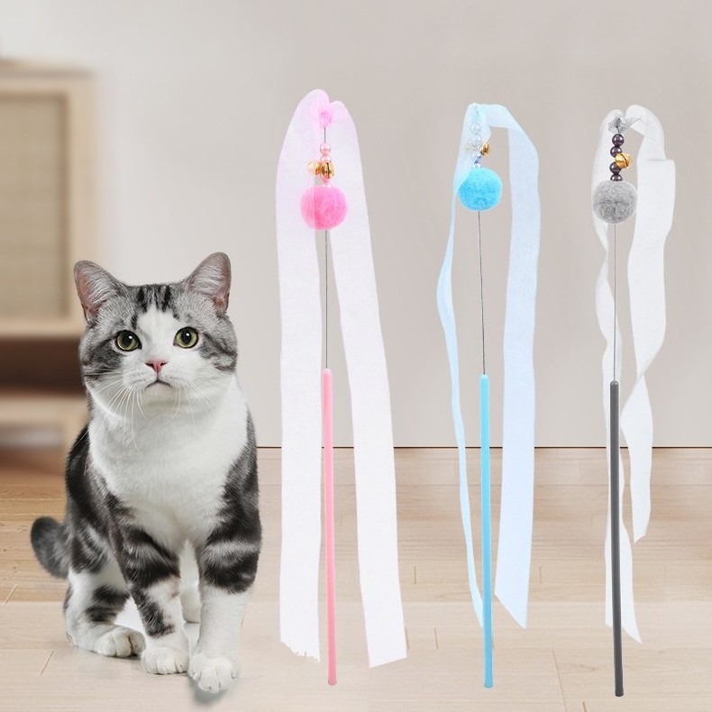 New Interactive Plastic Teaser Wand Toy for Cats Pet Supplies with Bell-Attached Plush Ball Stick Pole Toy for Kitty Play