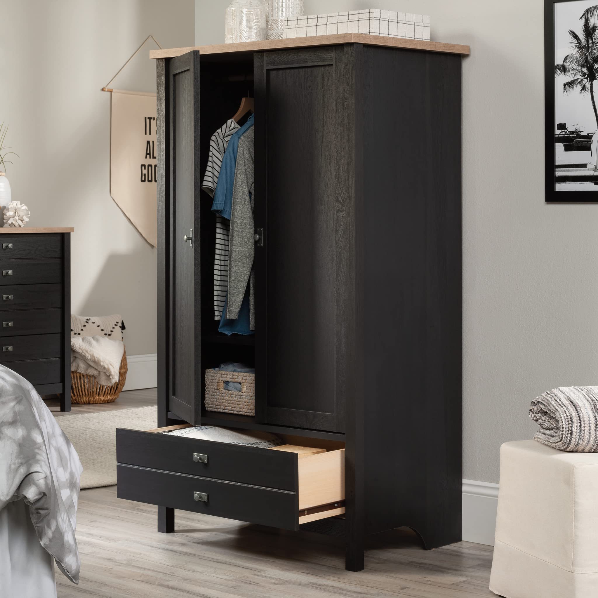 Assemble wooden furniture bedroom custom minimalist black wardrobe closets with drawers