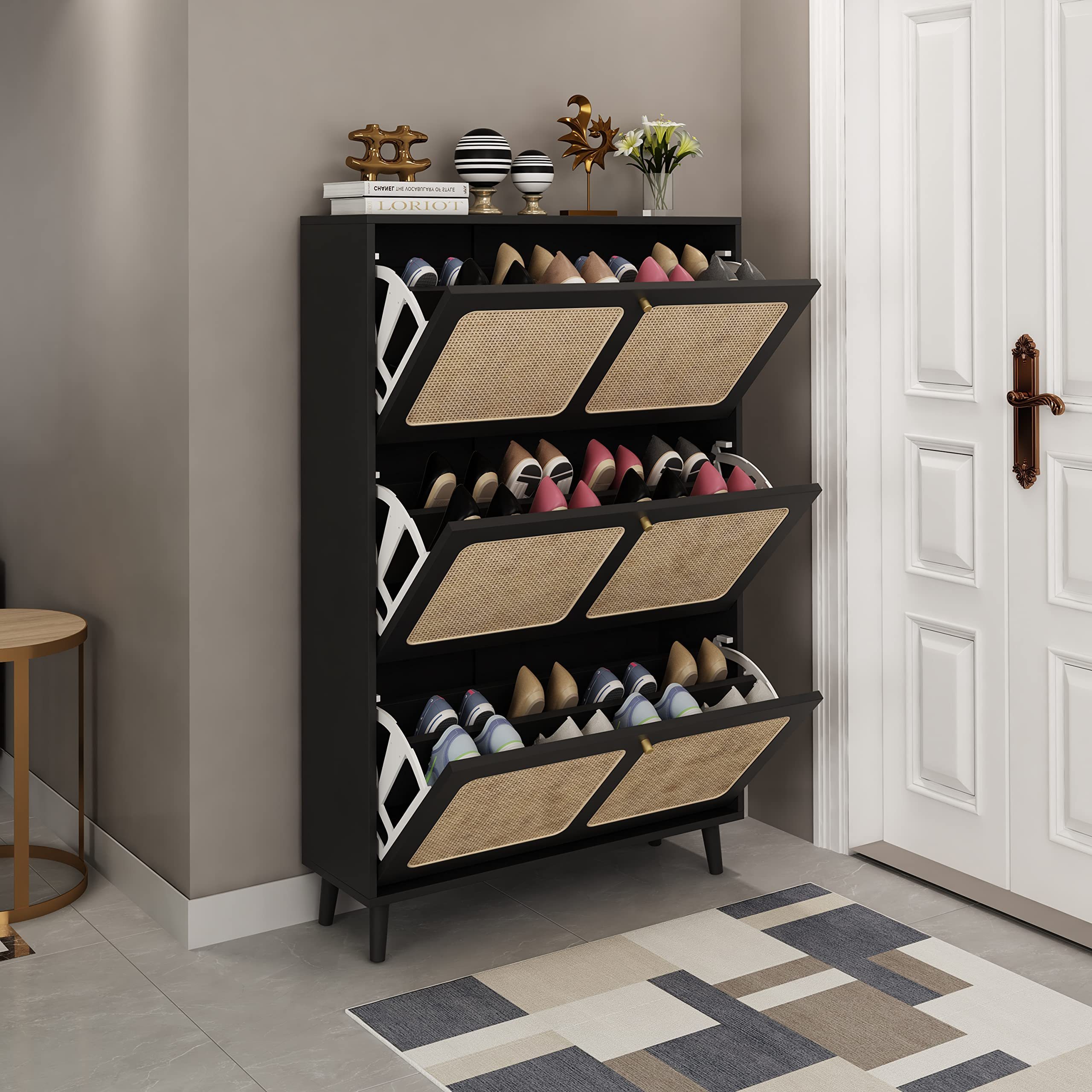 Hot Sale   Shoe Cabinet New Design  Rattan Shoe Cabinet with 24 Pairs Cabinets and 3 Rattan Decorated Flap Drawers