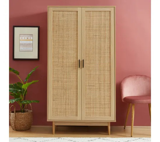 Home wooden  Collective rattan wardrobe with 2 doors clothes rail household closet organizer minimalist closet