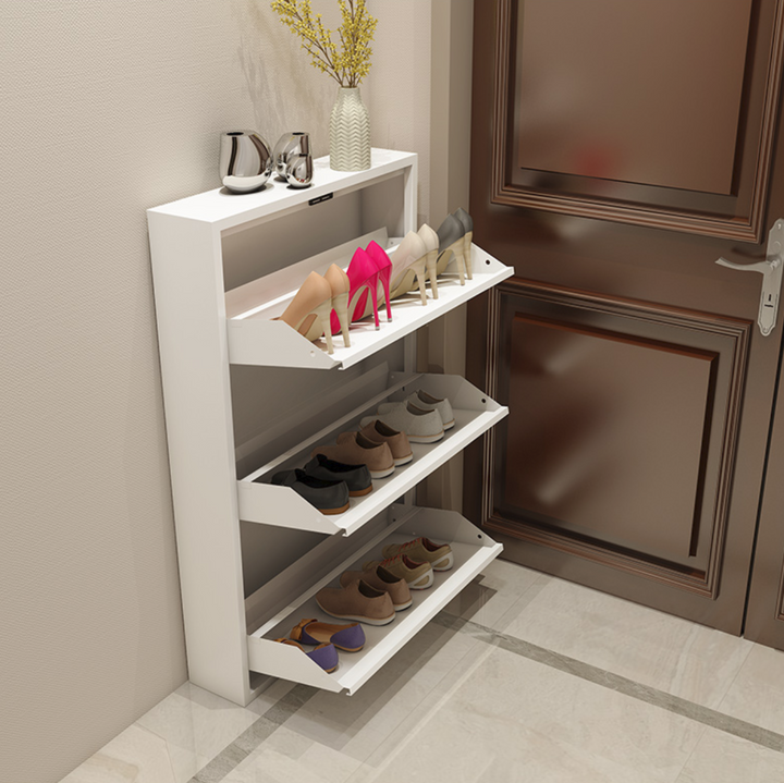 Wall Hidden Shoe Cabinet with 2 Drawers for Entryway Freestanding Shoe Rack Narrow Shoe Organizer with 3 Flip-Drawers