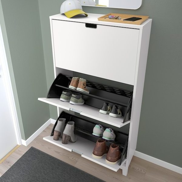 White Slim Shoe Cabinet with 2 Flip Drawers Narrow Shoe Storage Cabinet 2 Tier Freestanding Shoe Organizer for Entryway