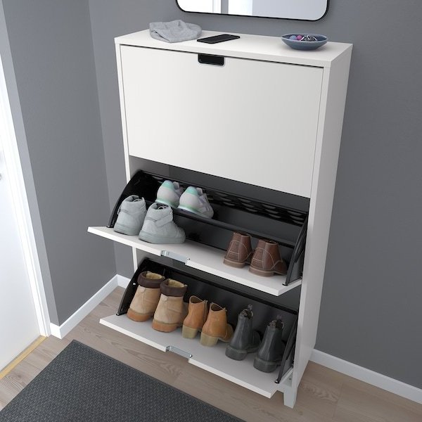 White Slim Shoe Cabinet with 2 Flip Drawers Narrow Shoe Storage Cabinet 2 Tier Freestanding Shoe Organizer for Entryway