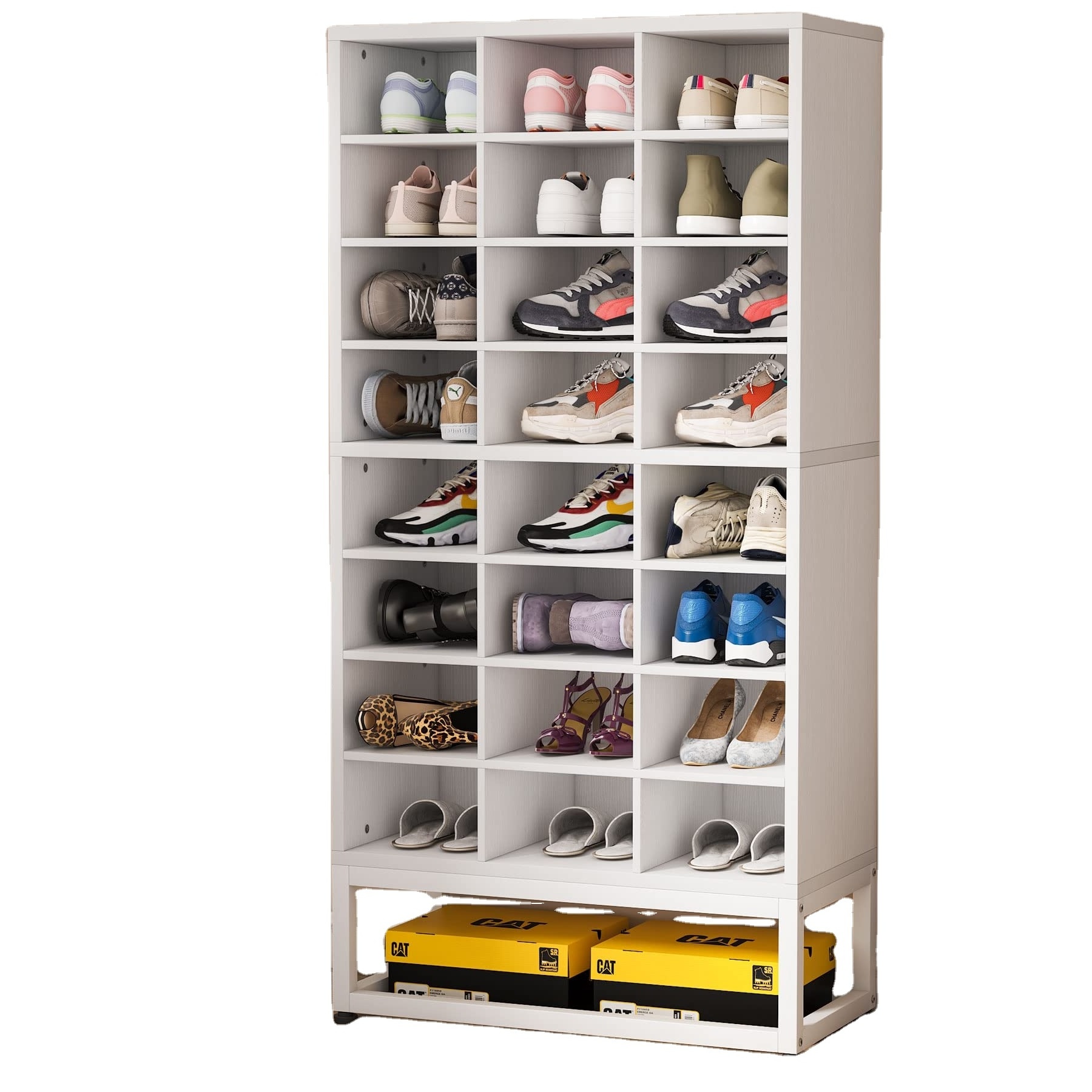 8-Tier Shoe Storage Cabinet White Wooden Shoe Rack with 24 Cubbies Tall Shoe Organizer with Adjustable Partition for Entryway