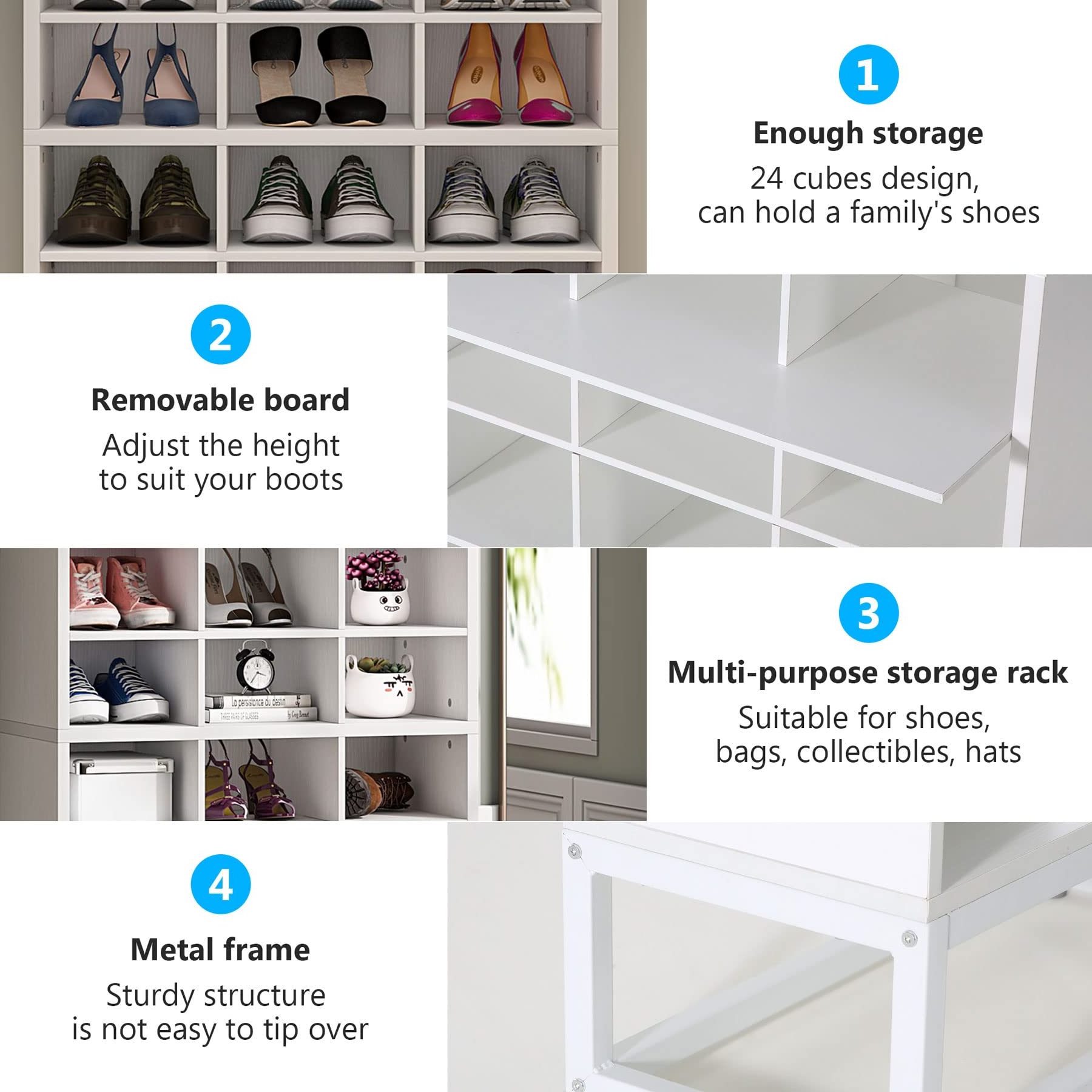 8-Tier Shoe Storage Cabinet White Wooden Shoe Rack with 24 Cubbies Tall Shoe Organizer with Adjustable Partition for Entryway