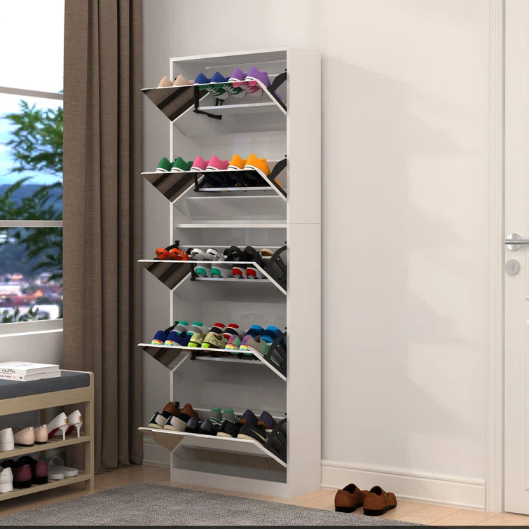 Minimalist and Modern Shoe Cabinet with Mirror Wooden Shoe Organizer with 5 Tier Full Length Mirror Shoe Rack  for Entryway