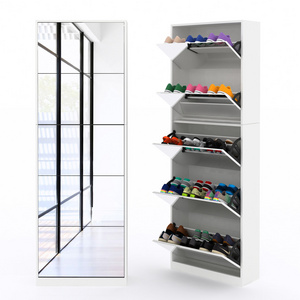 Minimalist and Modern Shoe Cabinet with Mirror Wooden Shoe Organizer with 5 Tier Full Length Mirror Shoe Rack  for Entryway