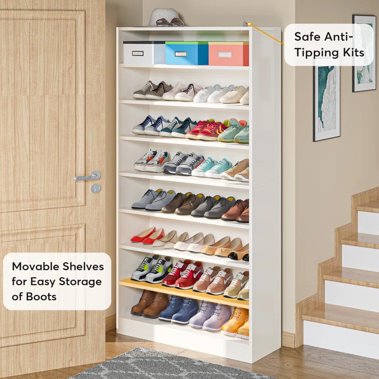 Modern 40 Pair Shoe Storage Cabinet with 8 Tier Versatile Sideboard Wooden Shoe Rack Organizer with Curved Base for Entryway