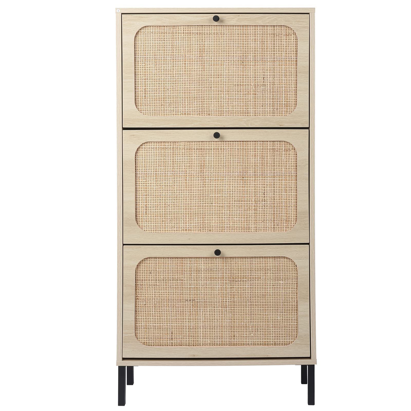 3 Flip Drawer Natural Rattan Shoe Cabinet Organizer Wooden Home Shoe Cabinet Rack for Home Living Room with Metal Legs