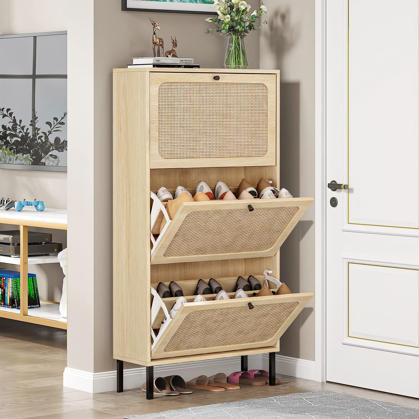 3 Flip Drawer Natural Rattan Shoe Cabinet Organizer Wooden Home Shoe Cabinet Rack for Home Living Room with Metal Legs