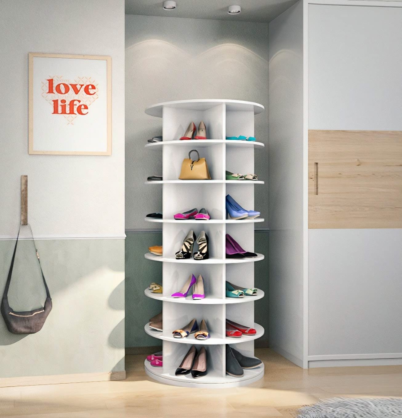 High Quality Modern Design Sample Storage Space Wooden Rotating Shoe Rack with Round Shelf  for Entryway Living Room Hallway