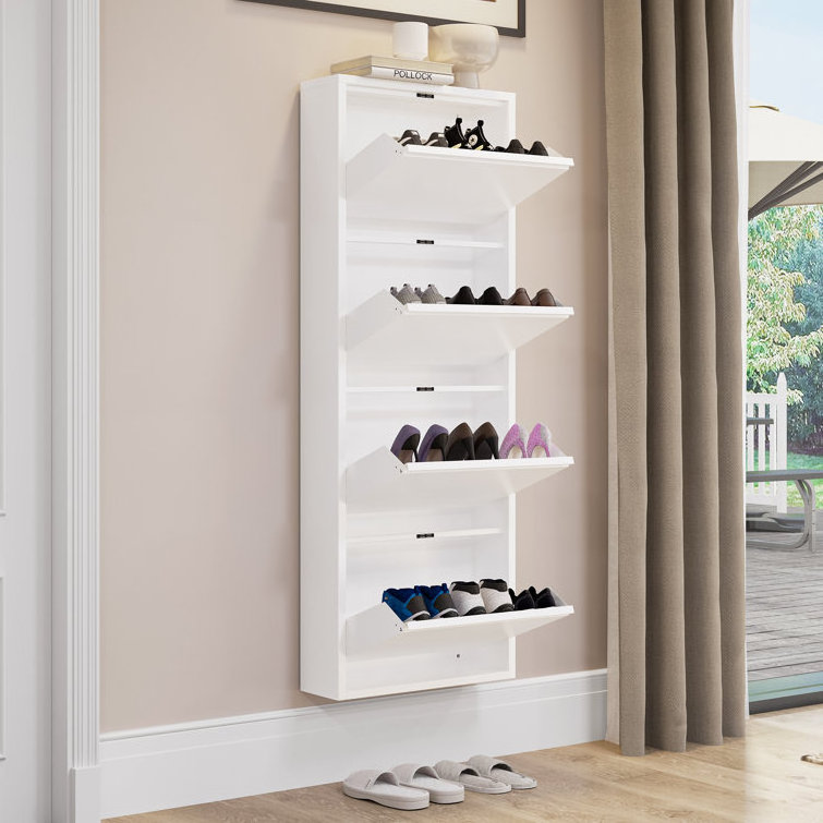 Ultra-modern Style Tall Shoe Cabinet Wall-mounted Design with Four Tiers of Racks for Living Room Entryway or Bedroom