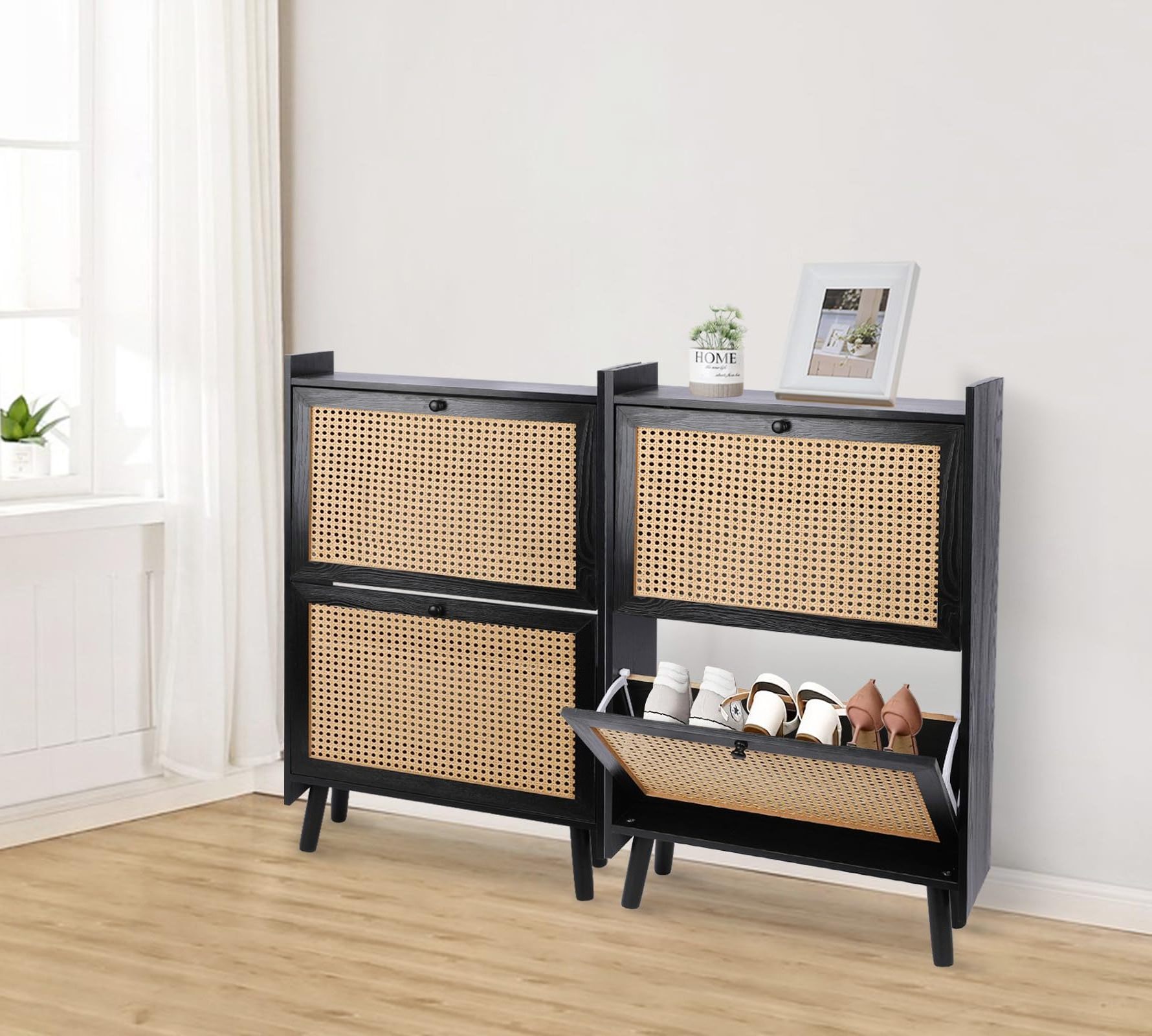 Black Entryway Wooden shoe cabinet furniture for Door and Entryway Shoe Storage Cabinet with 2 Flip Drawers Rattan