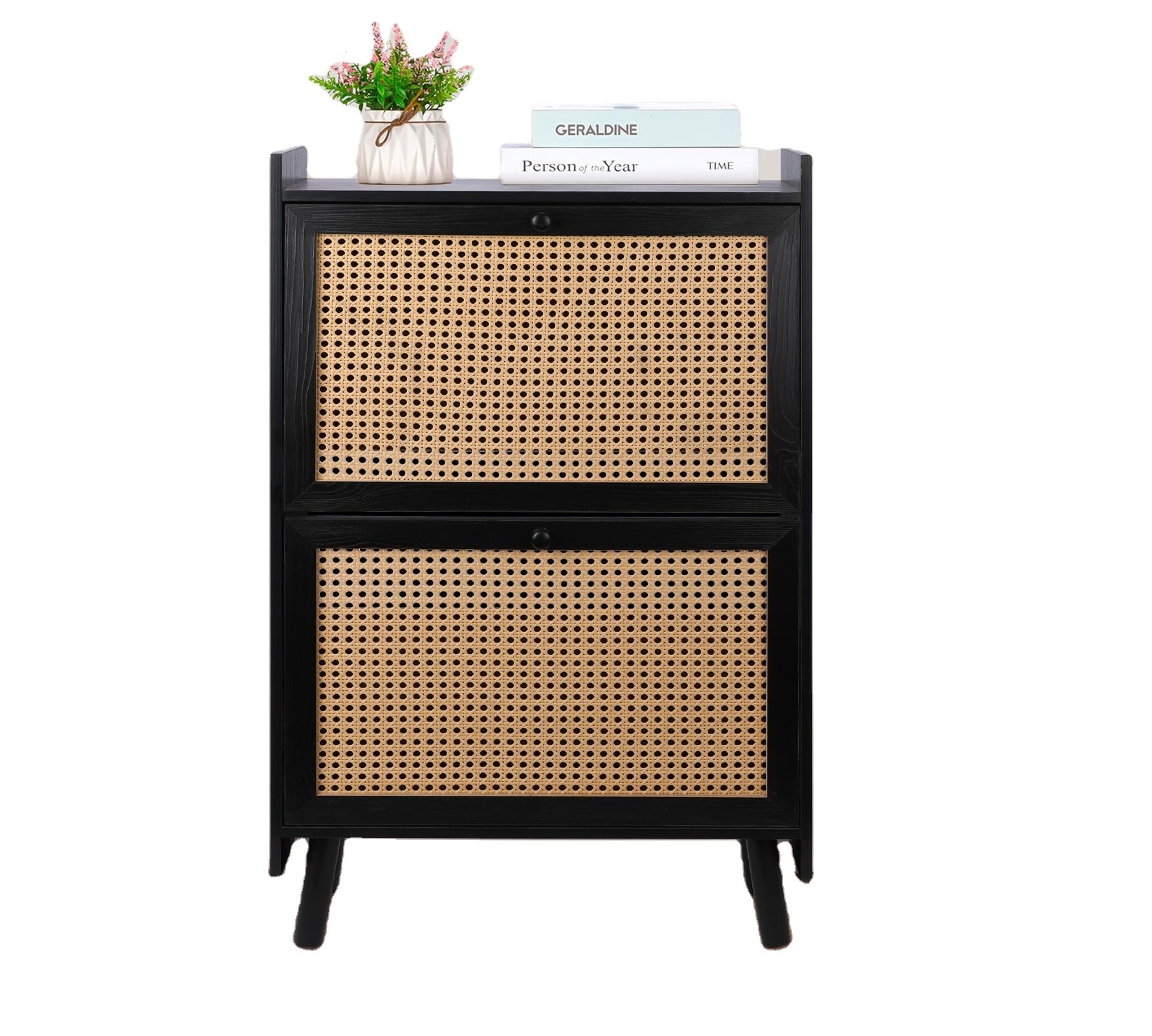 Black Entryway Wooden shoe cabinet furniture for Door and Entryway Shoe Storage Cabinet with 2 Flip Drawers Rattan