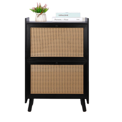 Black Entryway Wooden shoe cabinet furniture for Door and Entryway Shoe Storage Cabinet with 2 Flip Drawers Rattan