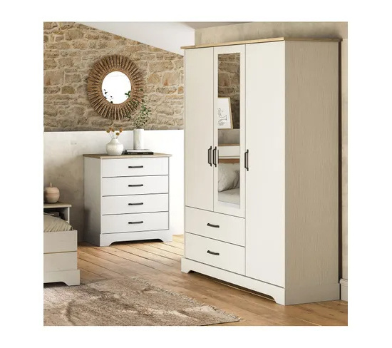 Assemble wooden furniture bedroom custom minimalist wardrobe closets with 3 Doors 1 Mirror And 2 Cottage Drawers