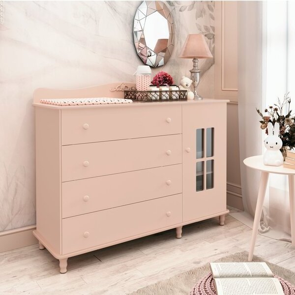 Modern Pink Baby Comoda with 4 Drawers 1 Doors and Plenty of Storage Space and Large Surface Area Baby Dresser for Bedroom