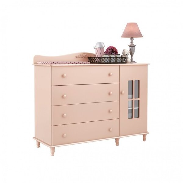 Modern Pink Baby Comoda with 4 Drawers 1 Doors and Plenty of Storage Space and Large Surface Area Baby Dresser for Bedroom