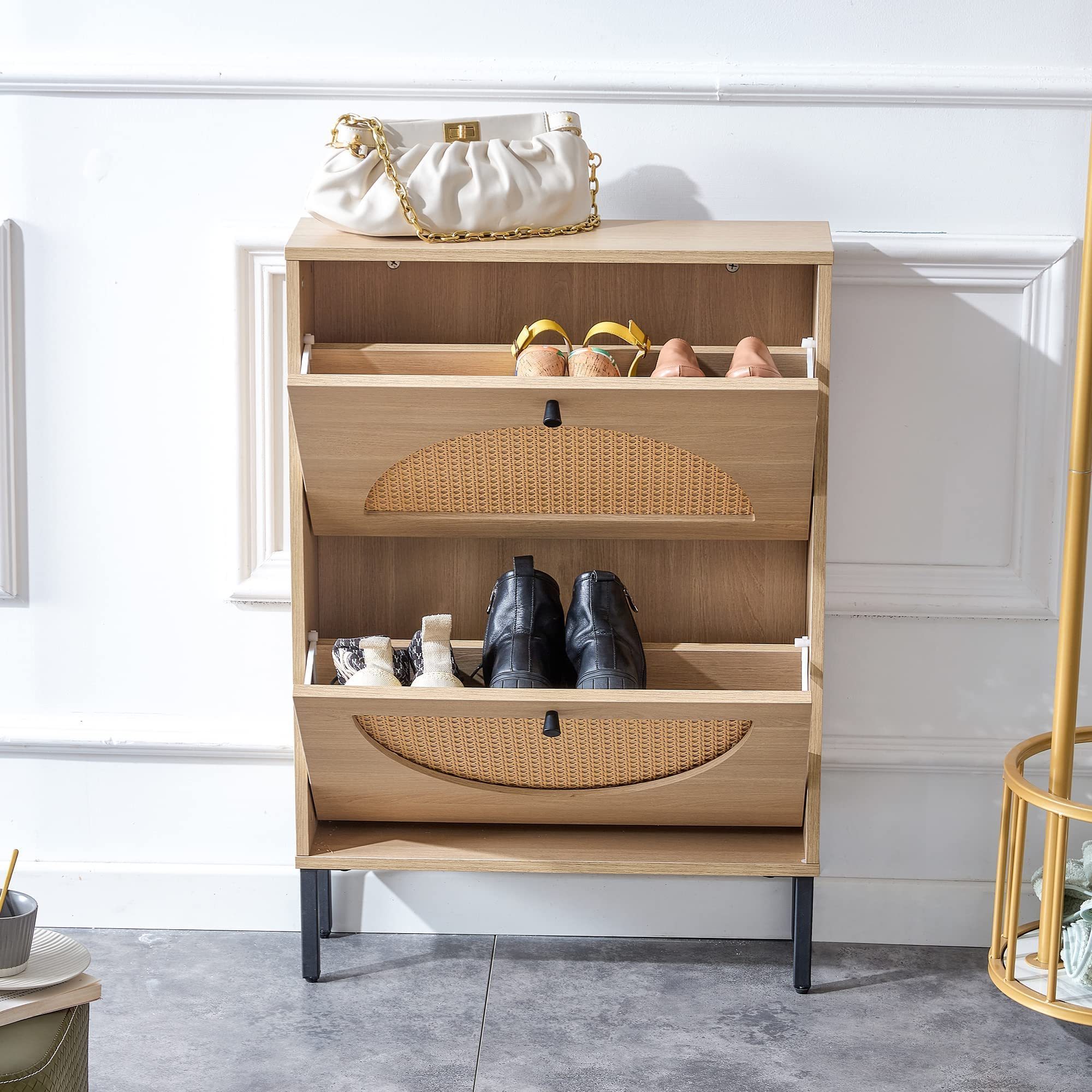 Shoe Cabinet furniture with 2 Flap Drawers for Heel Slipper Boots Wooden Narrow Free Standing Shoe Cabinet for Entrance Hallway