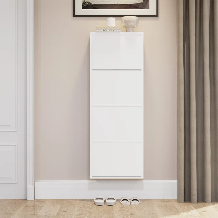 Ultra-modern Style Tall Shoe Cabinet Wall-mounted Design with Four Tiers of Racks for Living Room Entryway or Bedroom