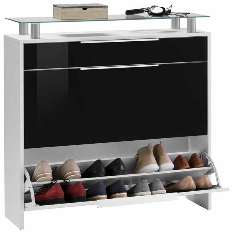 Accent Concise Style Glass Top Large Storage Space Wood Shoe Cabinet