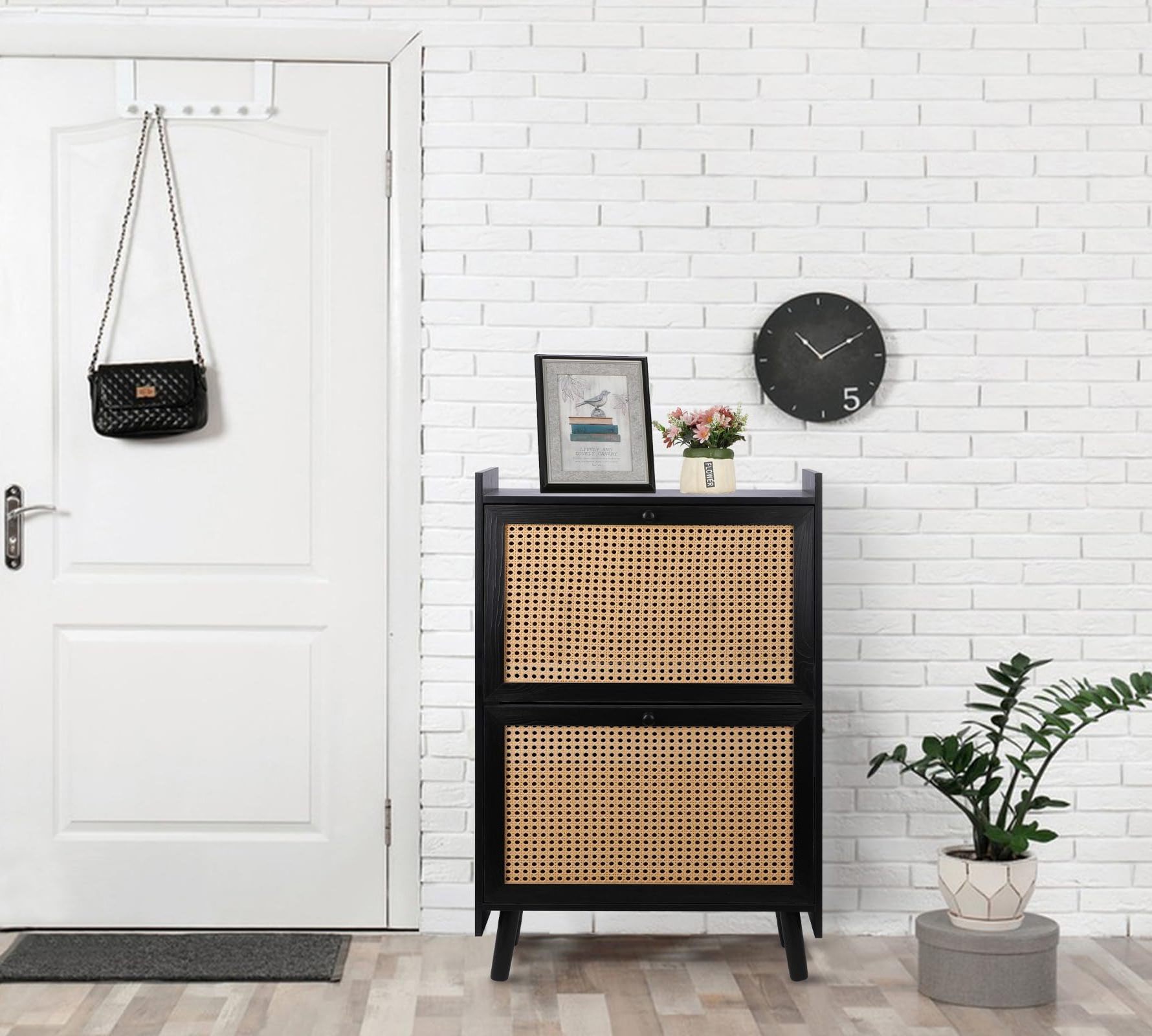 Black Entryway Wooden shoe cabinet furniture for Door and Entryway Shoe Storage Cabinet with 2 Flip Drawers Rattan