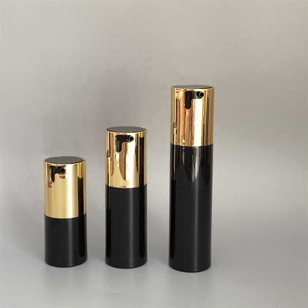 skincare cosmetics vacuum packaging full set plastic PP 15ml 30ml 50ml black gold twist rotating pump spray airless bottle