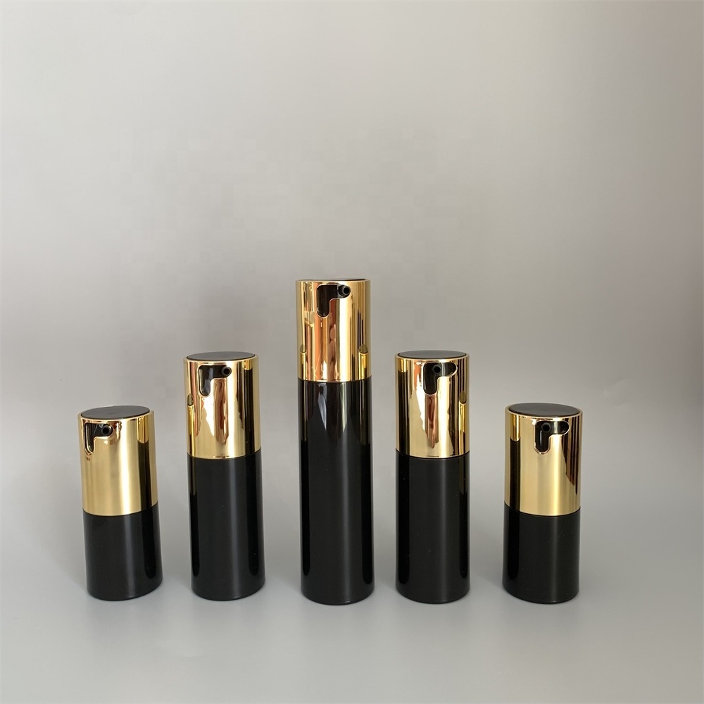 skincare cosmetics vacuum packaging full set plastic PP 15ml 30ml 50ml black gold twist rotating pump spray airless bottle