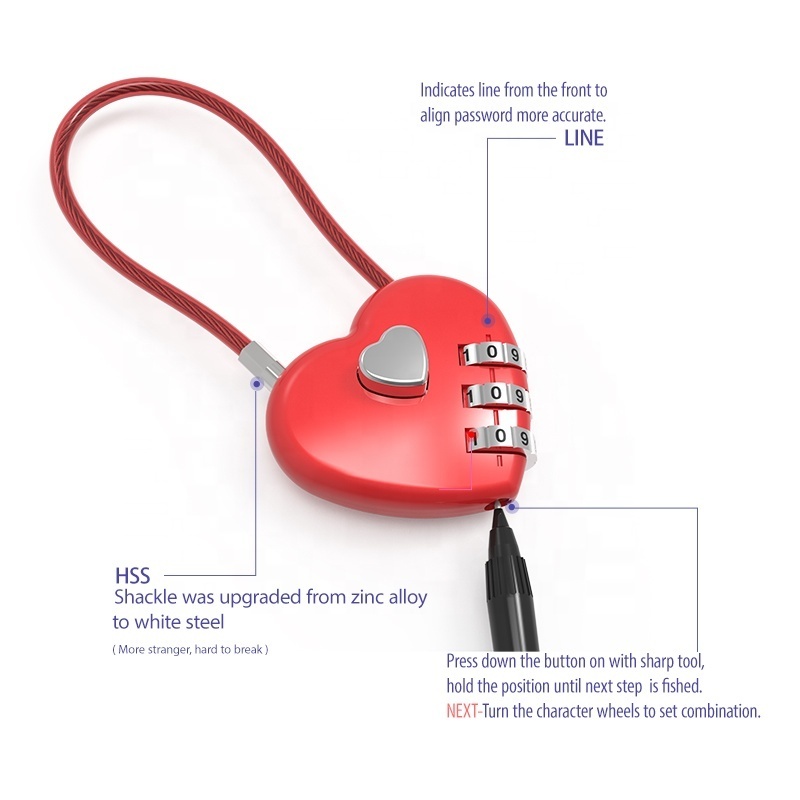 Promotion heart shaped padlock code 3 digit combination lock gift travel luggage padlock