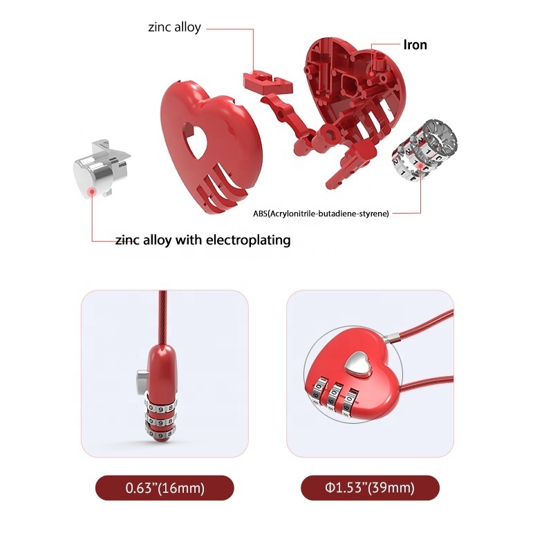 Promotion heart shaped padlock code 3 digit combination lock gift travel luggage padlock