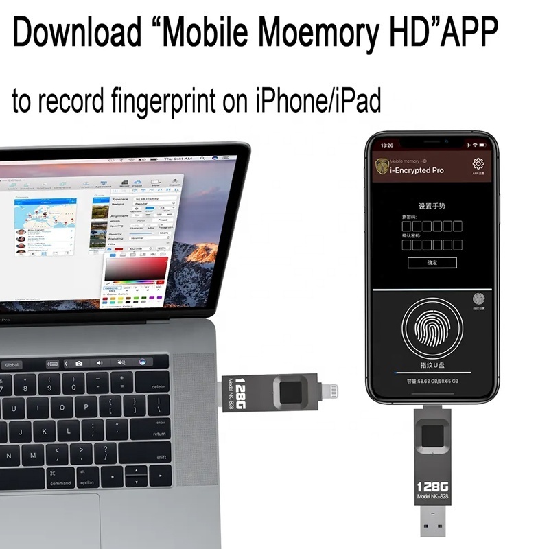 2 in 1 Fingerprint encrypted USB Flash Drive 64GB 128GB 256GB 512GB pen drive fingerprint for iPhone iPad Windows