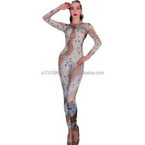 Singer Nightclub Dj Car Model Sexy Fashion Rhinestone White Grape Print One-Piece Dance Stage Adult Costumes