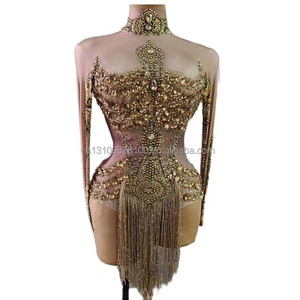 Nightclub Bar Golden Tassel Full Diamond Long-Sleeved Jumpsuit Female Singer Dance Team Model Host Costumes