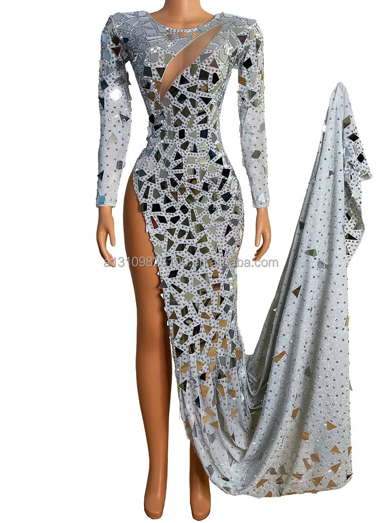 Car model catwalk female host female guest dress skirt perspective sexy one-piece long dress multi-color mirror sequins costumes