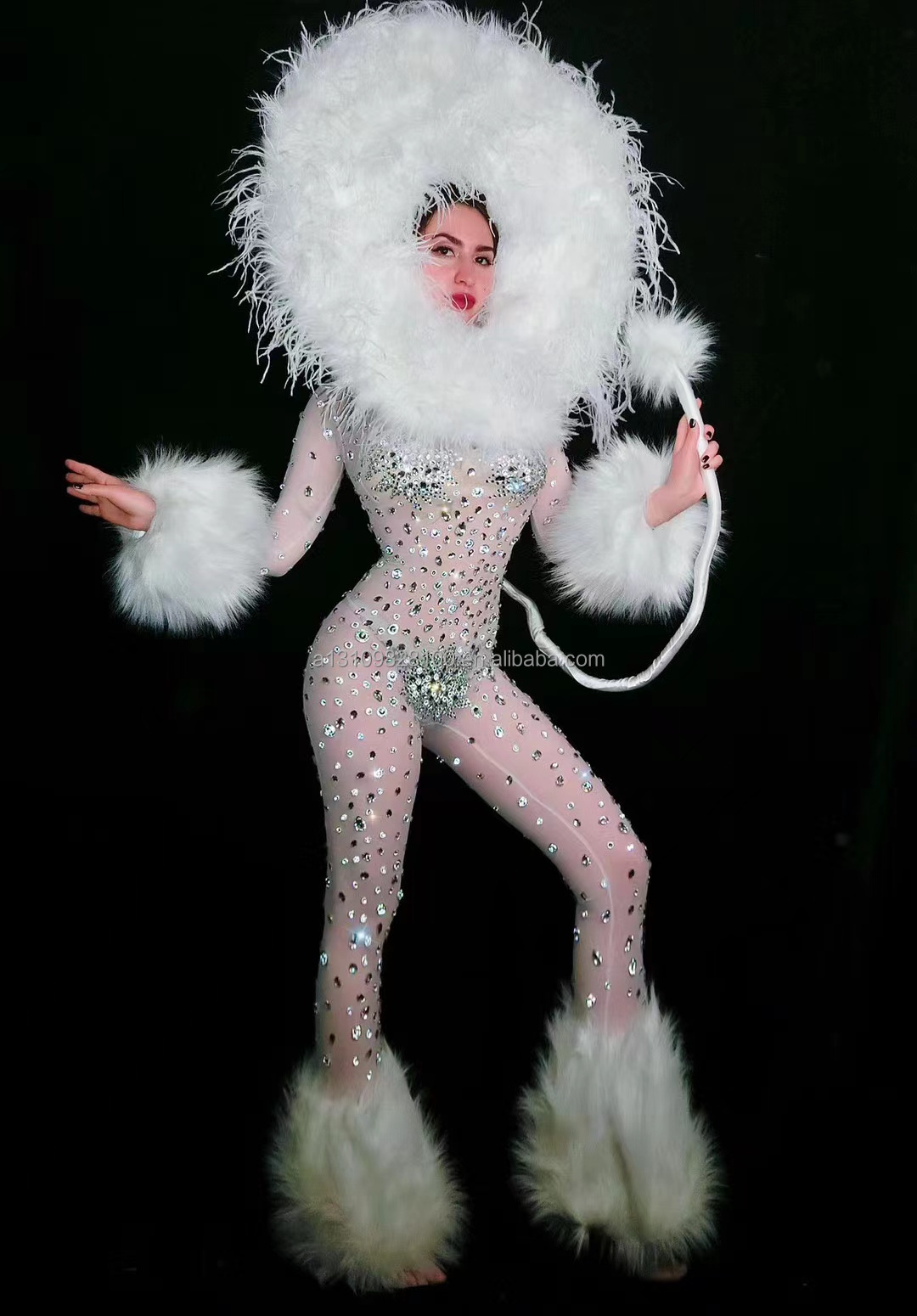 Bar Female Singer Dance Team Halloween Event Full of Diamond Perspective Jumpsuit VIP Lion Costume