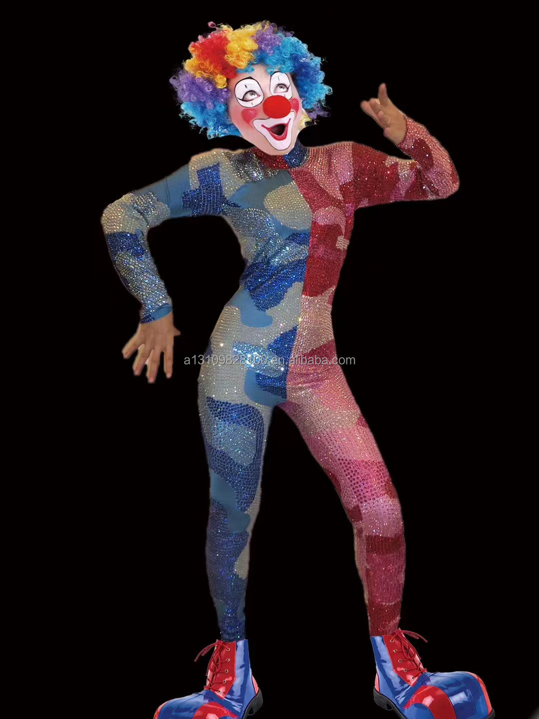 Sitcom dance party clown jumpsuit plays styling stage performance