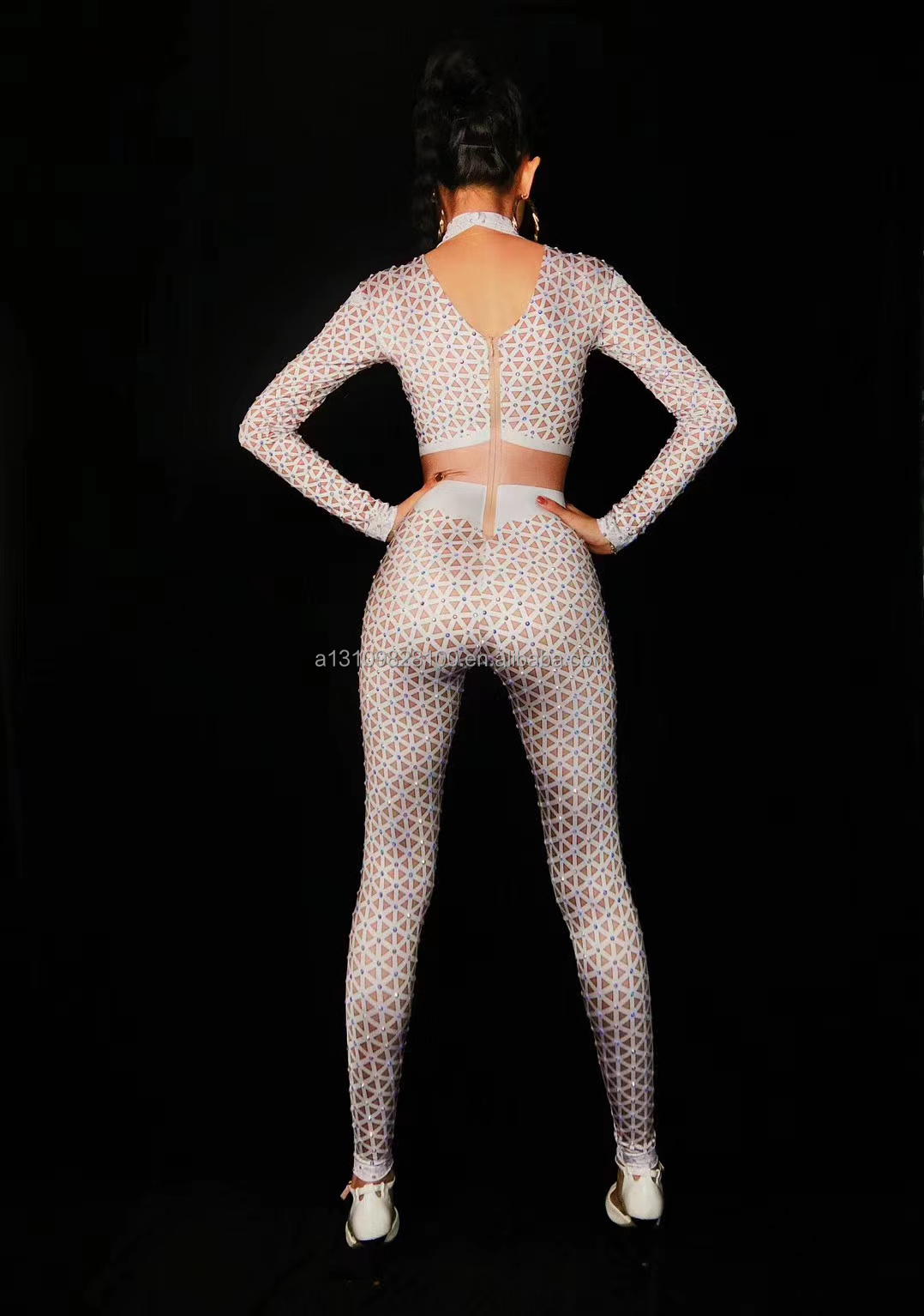 Split long-sleeved jumpsuit diamond jumpsuit female singer model host DjDs dance troupe gogo costumes