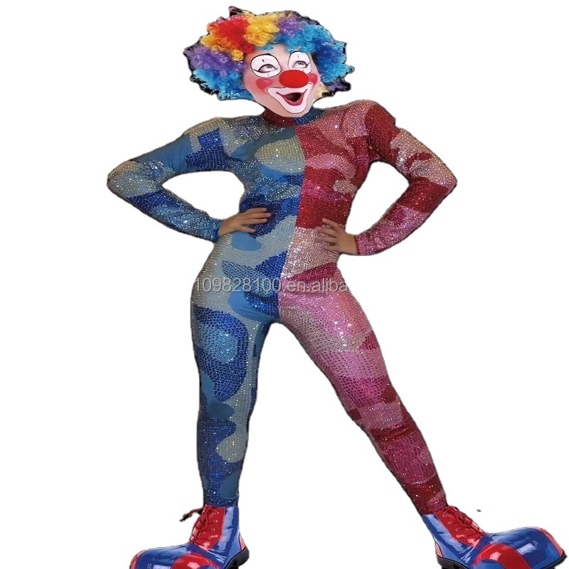 Sitcom dance party clown jumpsuit plays styling stage performance