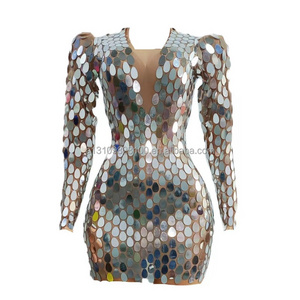 Elliptical Sexy Sequin Long Sleeved Shoulder Pad Dress Short Skirt DJ Women's Song Dance Team Nightclub Bar Performance Costumes