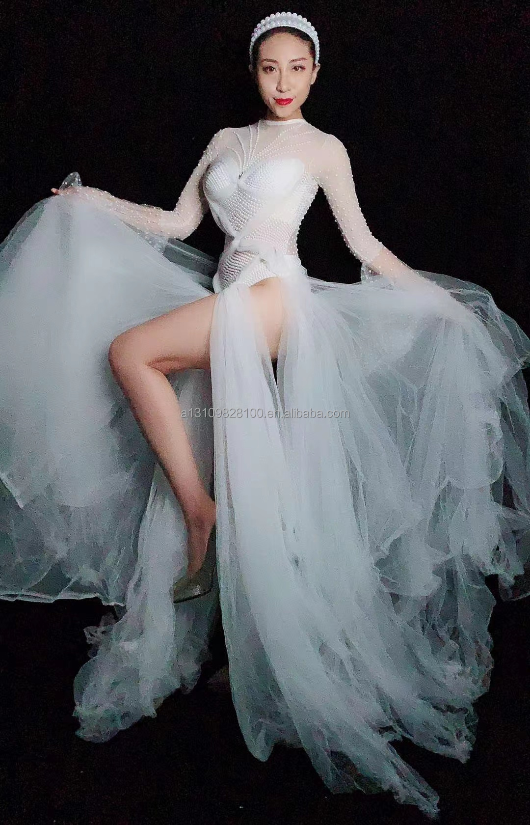 Micro-transparent long skirt female song super fairy white yarn trumpet sleeve DjDs dance group gogo costume hosting model